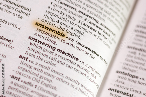 The word or phrase Answerable in a dictionary.