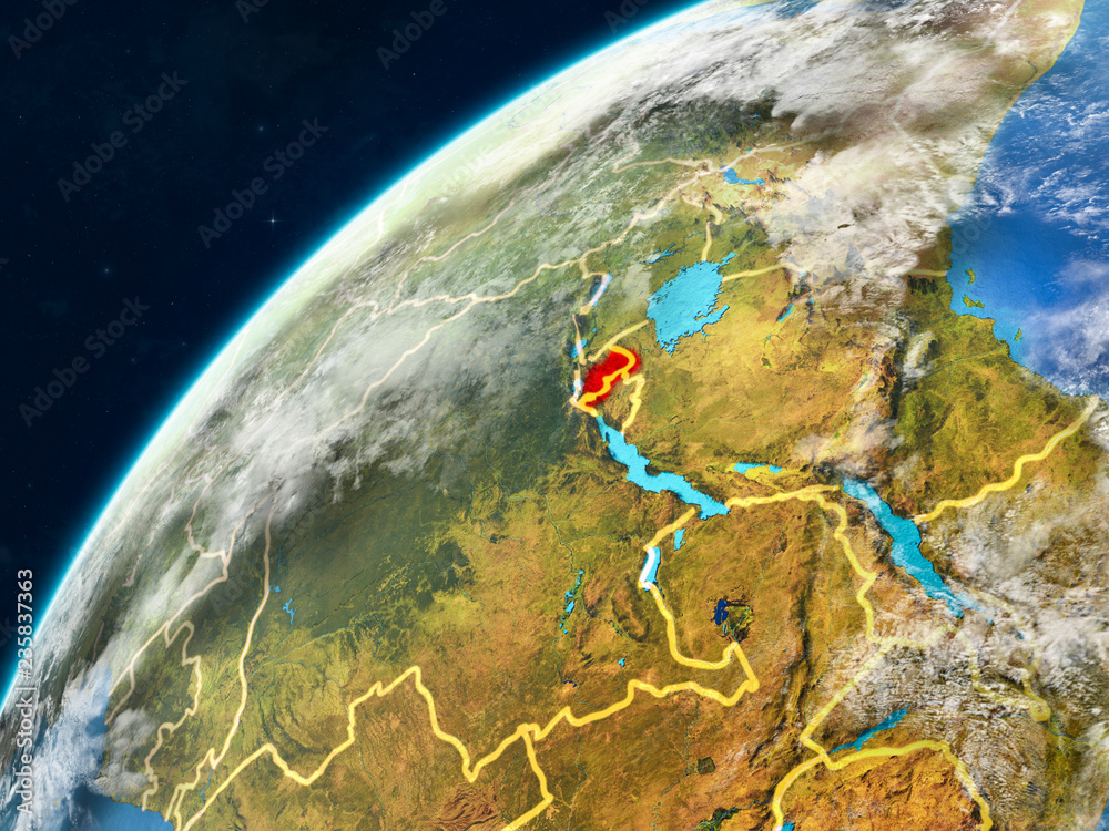 Rwanda on realistic model of planet Earth with country borders and very detailed planet surface and clouds.