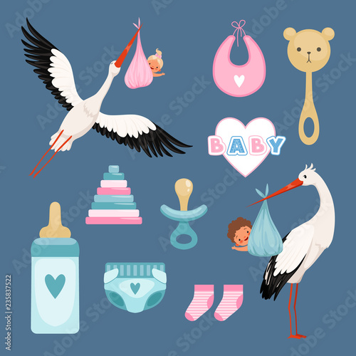 Newborn icons set. Cute items for kids dresses flowers toys toddler flying stork with baby vector colored items. Illustration of baby girl and boy, newborn arrival