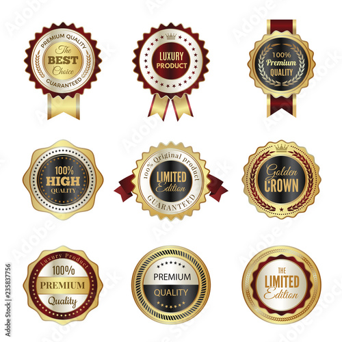 Golden labels badges. Premium service crown luxury best choice stamp templates vector design of colored logos. Stamp sticker guarantee, badge warranty, limited edition illustration