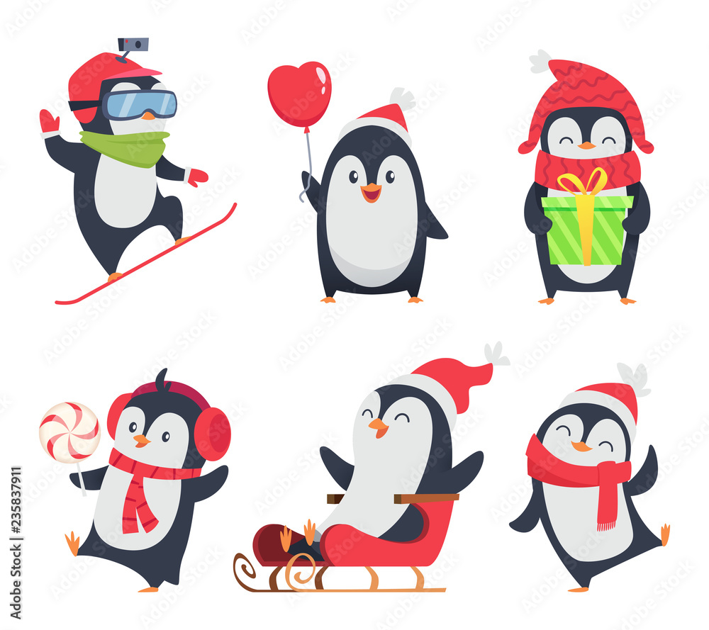 Fototapeta premium Penguin characters. Cartoon winter illustrations of wildlife animals in various action pose vector mascot design. Penguin arctic north, happy bird activity, snowboard and sleigh illustration
