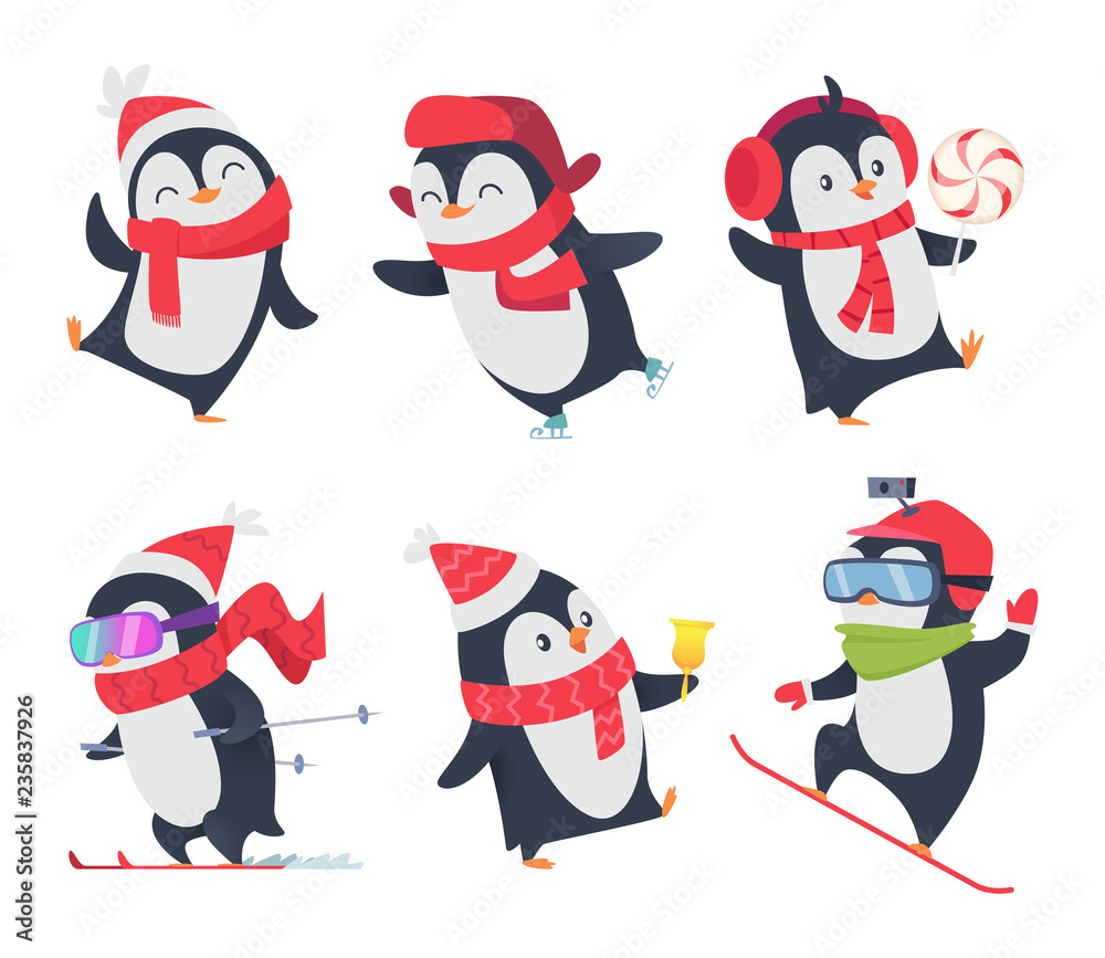 Fototapeta premium Cute penguins. Cartoon characters baby sweet wild winter snow animals pose vector isolated. Arctic happy penguin on skiing and with lollipop illustration