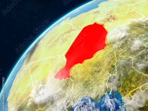 Niger on realistic model of planet Earth with country borders and very detailed planet surface and clouds.