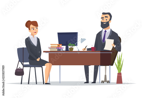 Job interview. Business office meeting hr managers directors chief vector concept characters. Illustration of job interview meeting office, hr manager