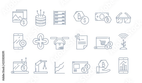 High tech technology icon. Modern business software headset advanced engineering augmented reality vector thin outline symbols. Illustration of digital innovation technology