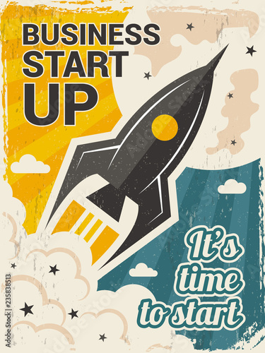 Vintage startup poster. Business launch concept with rocket or space shuttle start vector placard in retro style. Illustration of rocket launch startup, banner with shuttle