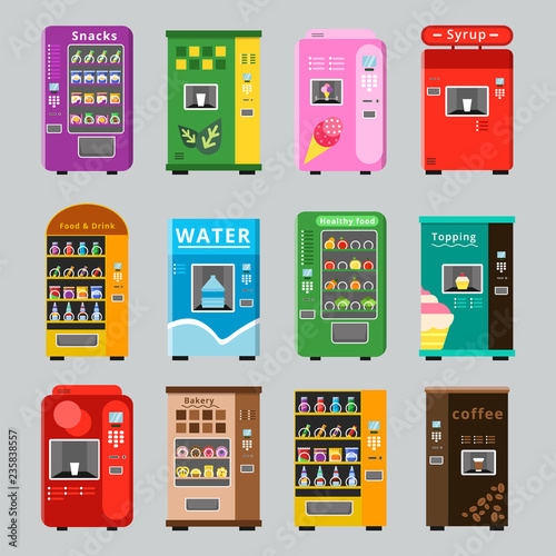 Vending machines collcetion. Merchandise concept with automatic selling various snacks water coffee and crisp food vector pictures. Illustration of retail vending machine with snack food