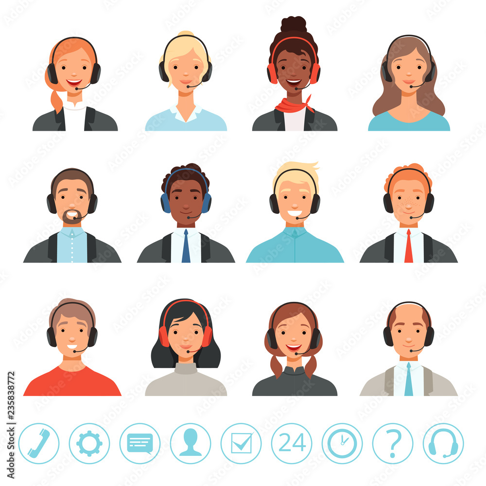 Call center operators avatars. Male and female customer service contact help managers vector web pictures. Illustration of contact help operator, male and female communication telemarketing Call center operators avatars. Male and female customer service contact help managers vector web pictures. Illustration of contact help operator, male and female communication telemarketing