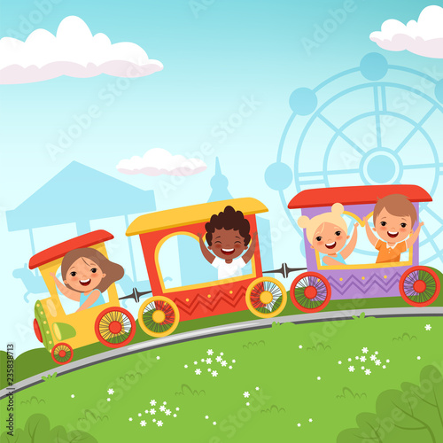 Roller coaster kids. Attraction children riding in amusement park vector cartoon action background. Illustration of recreation in park