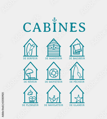 Cabine de plage, carte, poster, été, estival, vacances, 