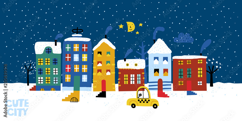 Vector background. Winter city landscape. Snowy street. Christmas card Happy Holidays banner. Vector illustration flat design.