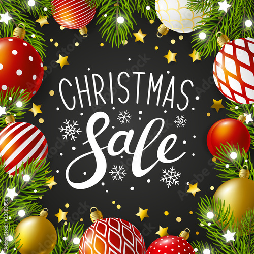 Christmas greeting card with holiday decor on dark background
