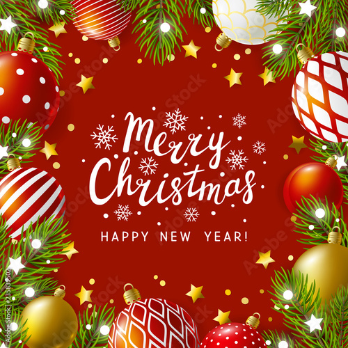 Christmas greeting card with holiday decor on red