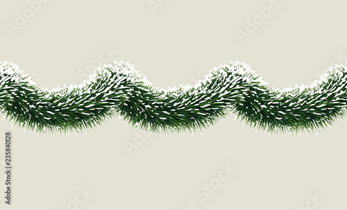 Vector wide fir tree christmas garland in snow. Seamless xmas border. Holiday background design for website header decoration, print design. Evergreen tree outdoor winter design element.