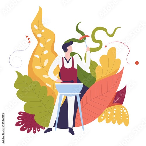 Food bbq outdoor man cooking meal surrounded by foliage