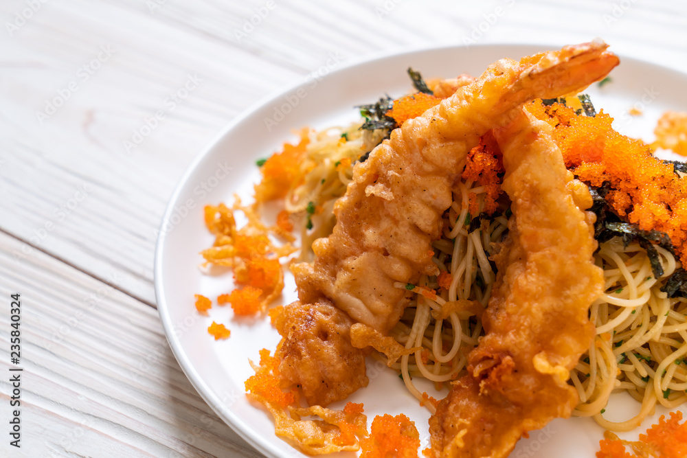 spaghetti with tempura shrimps and shrimp egg spaghetti with tempura shrimps and shrimp egg