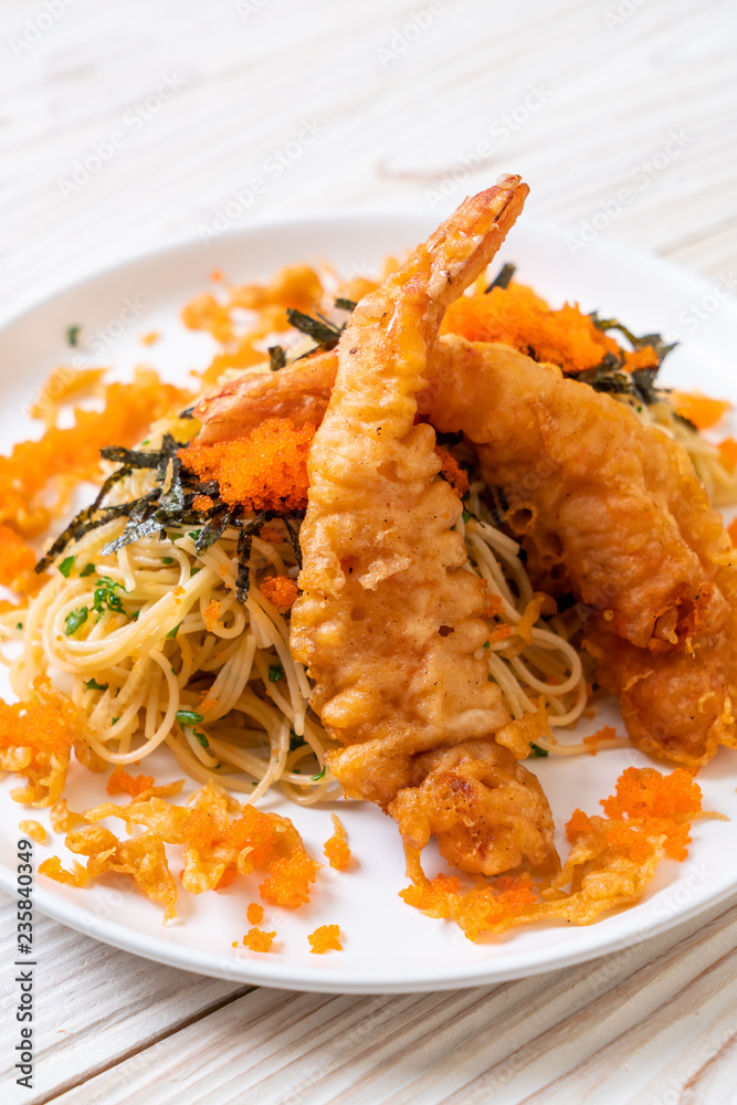 spaghetti with tempura shrimps and shrimp egg spaghetti with tempura shrimps and shrimp egg