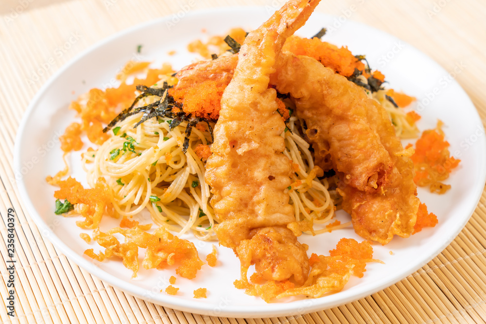 spaghetti with tempura shrimps and shrimp egg spaghetti with tempura shrimps and shrimp egg