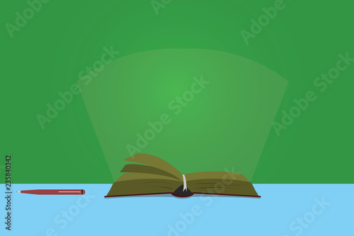 Business Empty template for Layout for invitation greeting card promotion poster voucher. Color Pages of Open Book Vector on Table with Pen and Light Beam Glaring