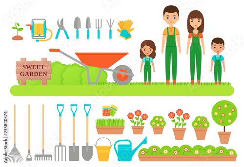 Gardener characters, garden tools. Vector. Gardening collection. Farm family in green overalls, boots. Instrument icons for horticulture. Set isolated on white background. Cartoon flat illustration.