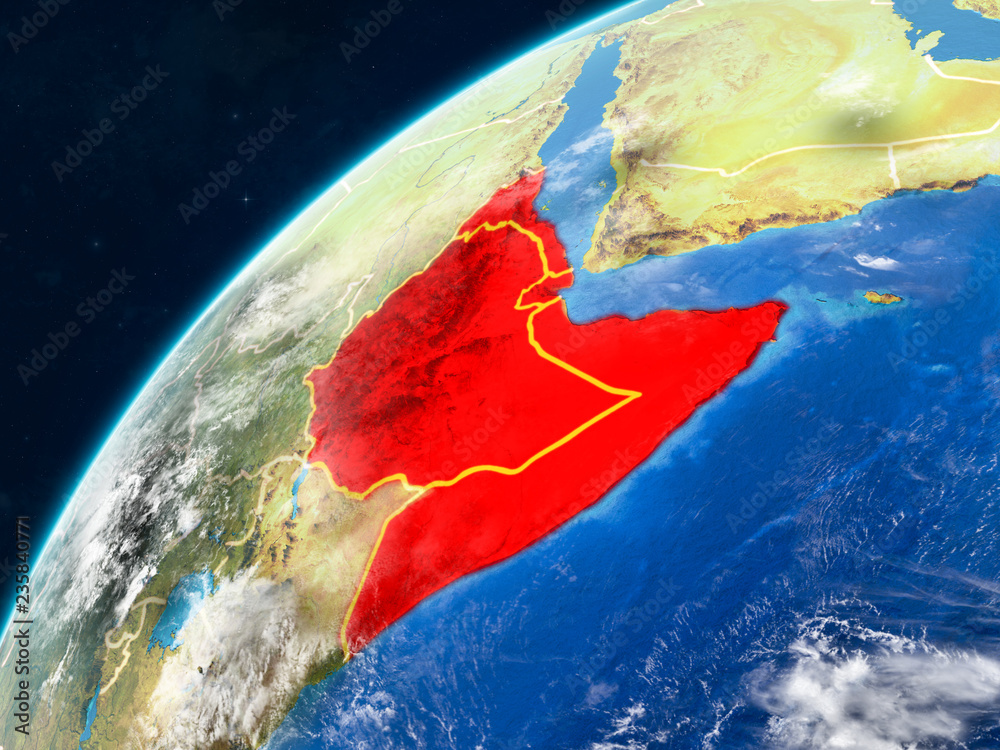 Horn of Africa on realistic model of planet Earth with country borders ...