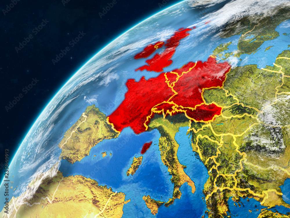 Western Europe on realistic model of planet Earth with country borders and very detailed planet surface and clouds.