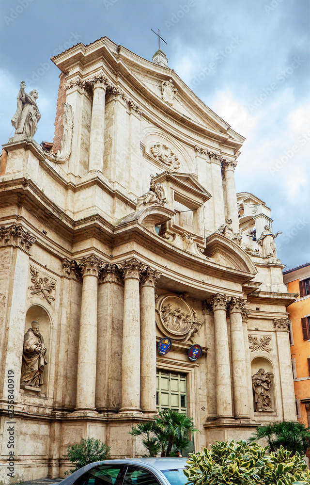 Rome, Italy, Church of San Marcello al Corso. One of the oldest churches in Rome. The facade of the Church is decorated with numerous statues.