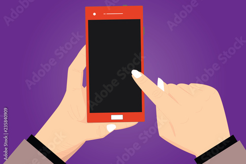 Design business concept Business ad for website promotion banners empty social media ad. Hu analysis Hands Holding Pointing Touching Smartphone Blank Color Screen