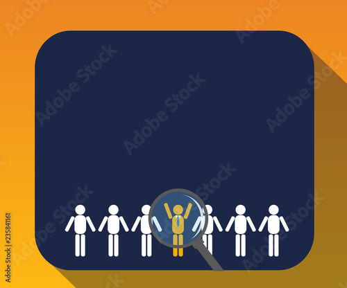 Design business concept Empty template copy space text for Ad website isolated. Magnifying Glass Over Chosen Man Figure Among the Hu analysis Dummies Line Up
