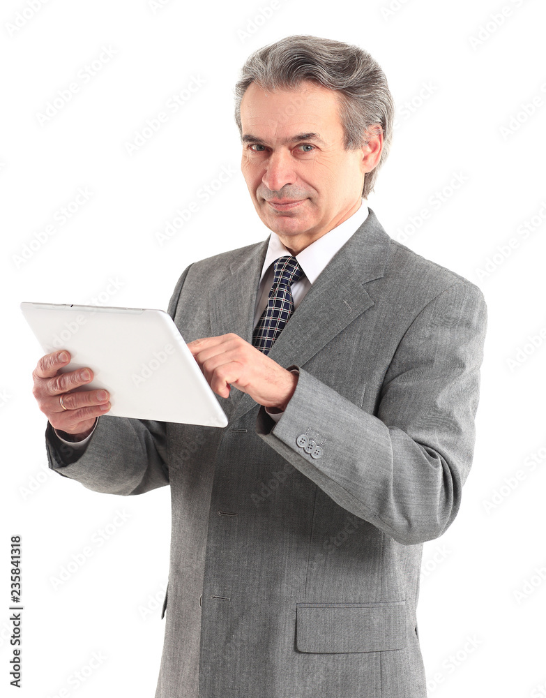 businessman pointing finger at the digital tablet screen.isolated on white background businessman pointing finger at the digital tablet screen.isolated on white background