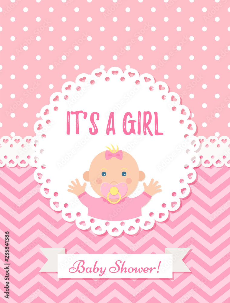 Baby girl card. Vector Baby Shower girl design. Cute pink banner. Birth  party background. Happy greeting poster Welcome template invite with  newborn kid, stork, polka dot, zig zag Cartoon illustration Stock Vector