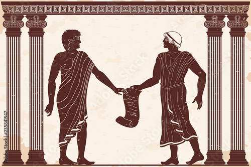 Two men are talking in ancient Greek court with papyrus in their hands. Figure on a beige background with the aging effect. photo