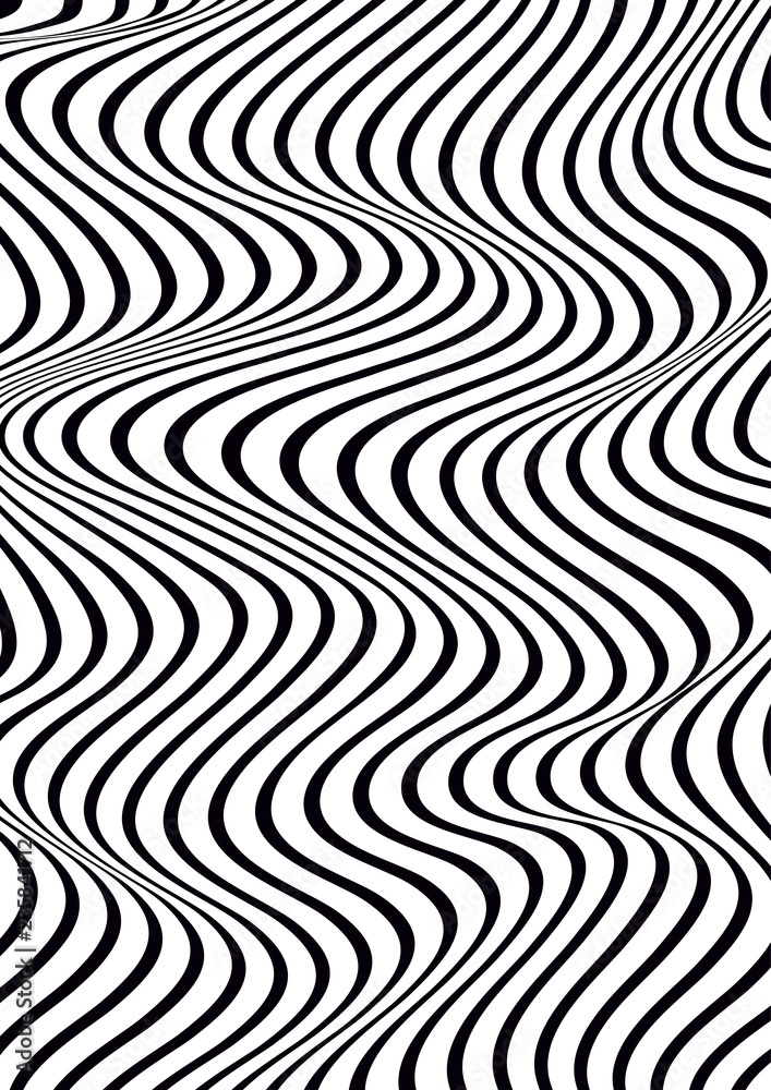 Abstract vertical wavy geometric pattern. Vector texture with black and white waves, stripes. Dynamical 3D effect, illusion of movement. Modern monochrome background. Abstract vertical wavy geometric pattern. Vector texture with black and white waves, stripes. Dynamical 3D effect, illusion of movement. Modern monochrome background.