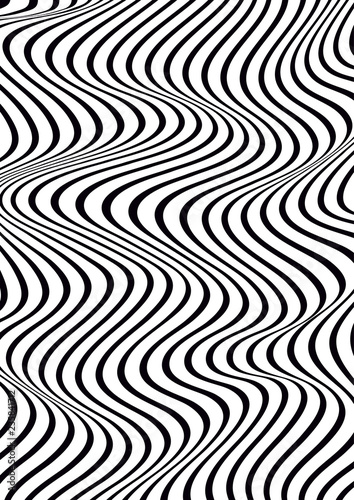 Abstract vertical wavy geometric pattern. Vector texture with black and white waves  stripes. Dynamical 3D effect  illusion of movement. Modern monochrome background.