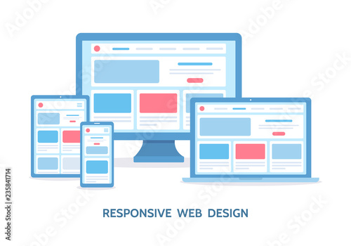 Responsive web design. The website is open on computer, laptop, tablet and smartphone. Flat vector illustration. © KatyFlaty