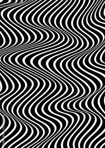 Abstract vertical wavy geometric pattern. Vector texture with black and white waves, stripes. Dynamical 3D effect, illusion of movement. Modern monochrome background.