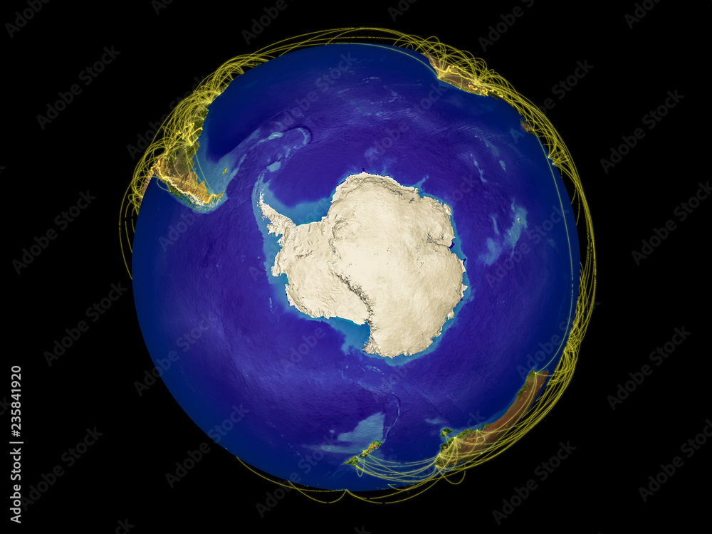 Antarctica from space on Earth with country borders and lines