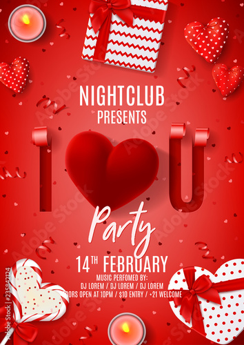 Happy Valentine's Day party flyer. Vector illustration with 3d sliced and spiraled paper in the shape of letters. Top view on red serpentine and confetti, lollipop, gift boxes, case for ring.