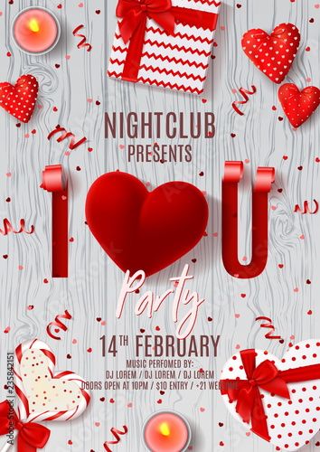 Happy Valentine's Day party poster. Vector illustration with 3d sliced and spiraled paper in the shape of letters on wooden texture. Top view on red serpentine, confetti, gift boxes, case for ring.
