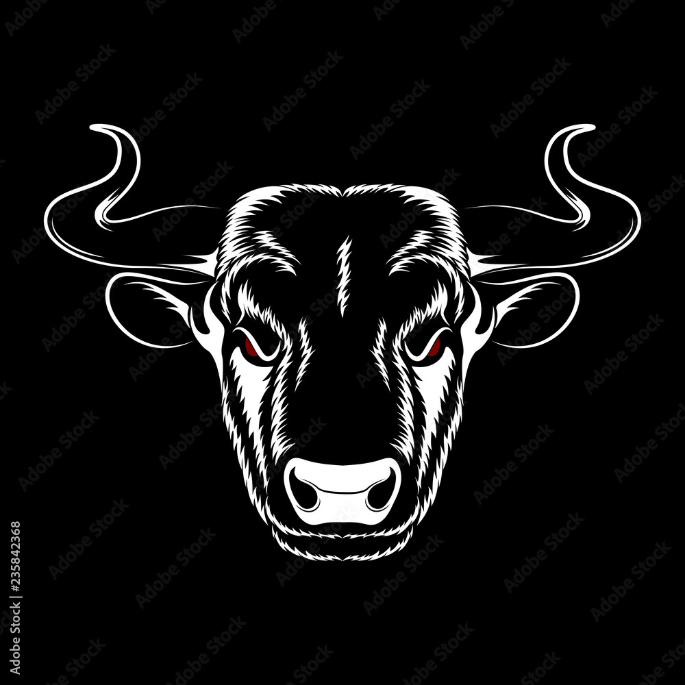 White bull with red eyes on a black background. Stock Vector 