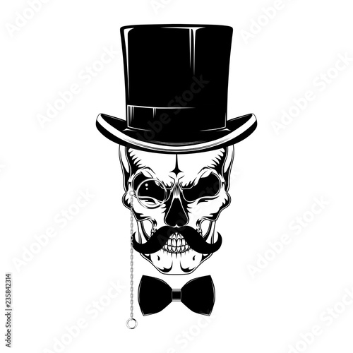 Skull in a hat-cylinder with a mustache, pince-nez, bow tie.