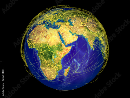 Horn of Africa from space on Earth with country borders and lines representing international communication, travel, connections.