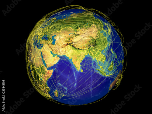 South Asia from space on Earth with country borders and lines representing international communication, travel, connections.