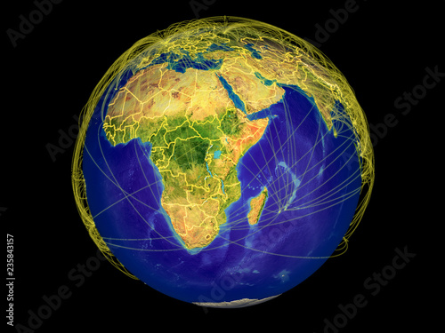 East Africa from space on Earth with country borders and lines representing international communication, travel, connections.