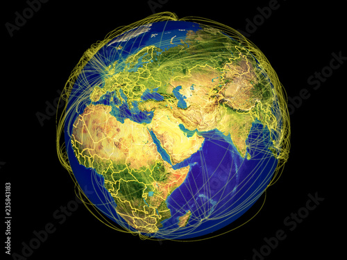 Western Asia from space on Earth with country borders and lines representing international communication, travel, connections.