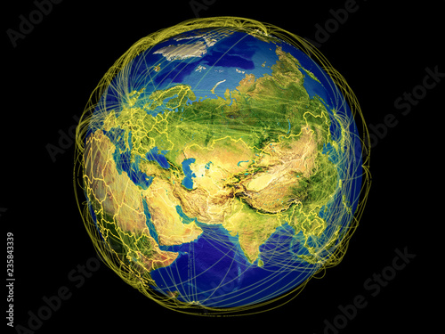 Azja Środkowa z kosmosu na Ziemi z granicami kraju i liniami reprezentującymi komunikację międzynarodową, podróże, połączenia.