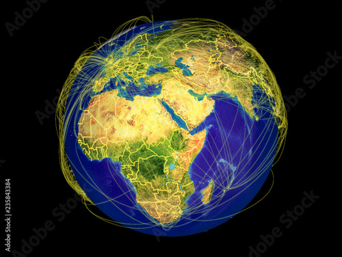 Northeast Africa from space on Earth with country borders and lines representing international communication, travel, connections.