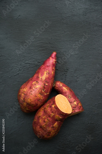 Fresh organic sweet potato top view