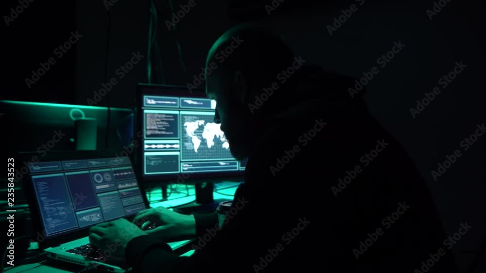 Hackers making cryptocurrency fraud using virus software and computer interface. Blockchain cyberattack, ddos and malware concept.