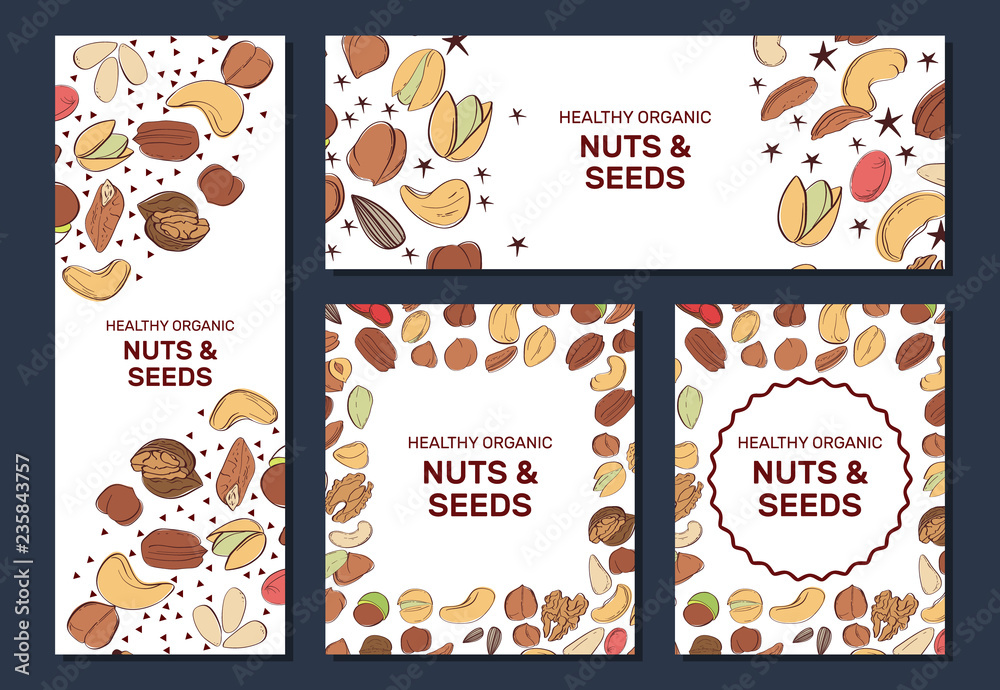 Card templates with cartoon colorful nuts and seeds. Set of AD-cards. Card templates with cartoon colorful nuts and seeds. Set of AD-cards.